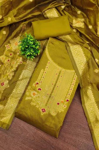 Women mehandi organja jacquard dress material with dupatta