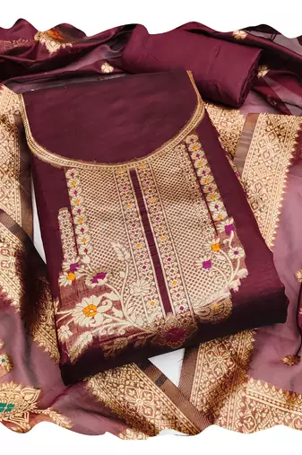 Women maroon organja jacquard  dress material with dupatta