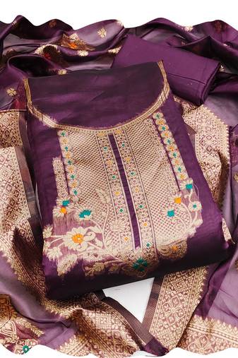 Women purple organja jacquard  dress material with dupatta