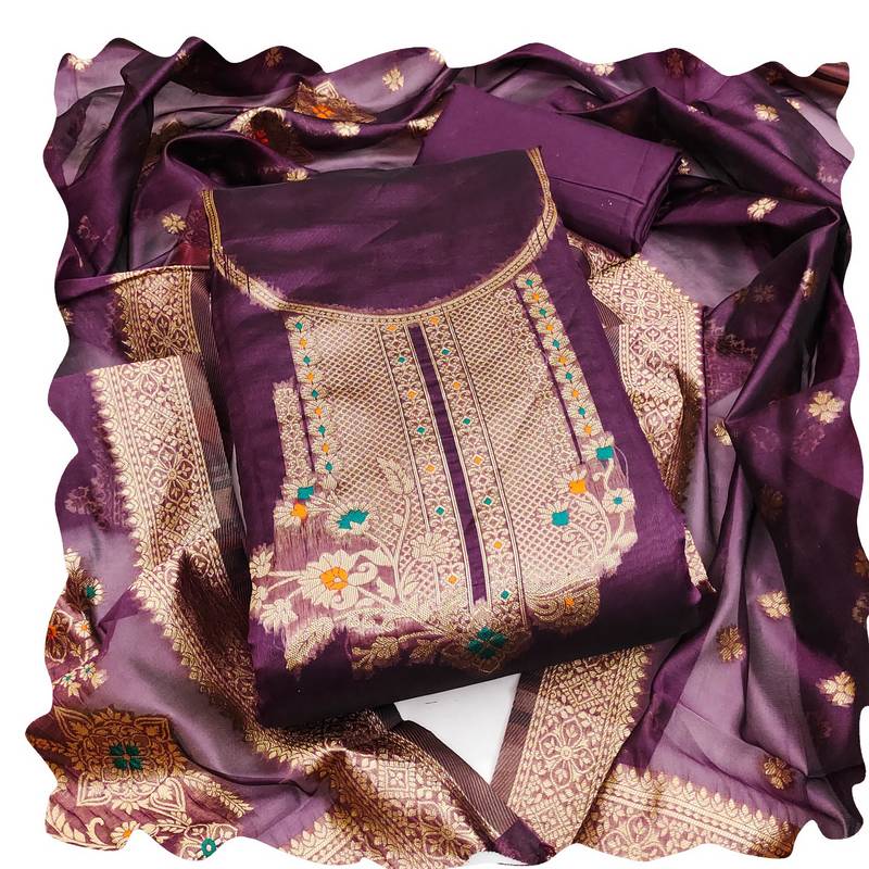 Women purple organja jacquard  dress material with dupatta