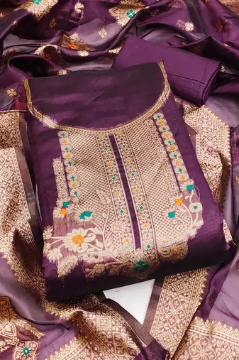 Women purple organja jacquard dress material with dupatta