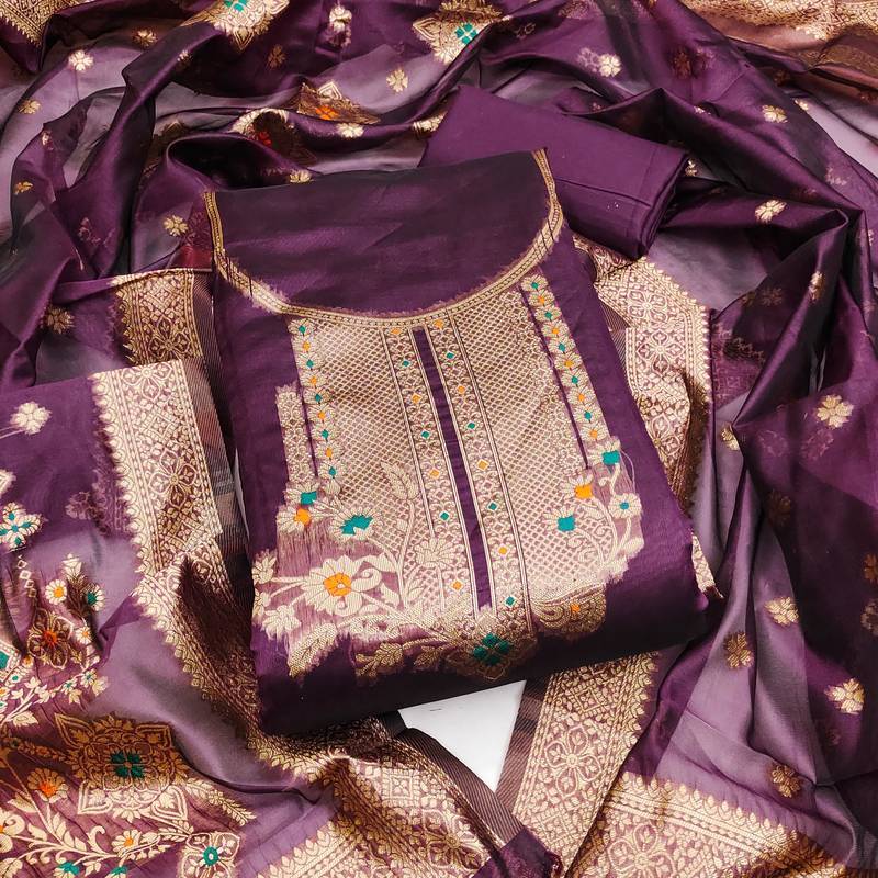 Women purple organja jacquard  dress material with dupatta