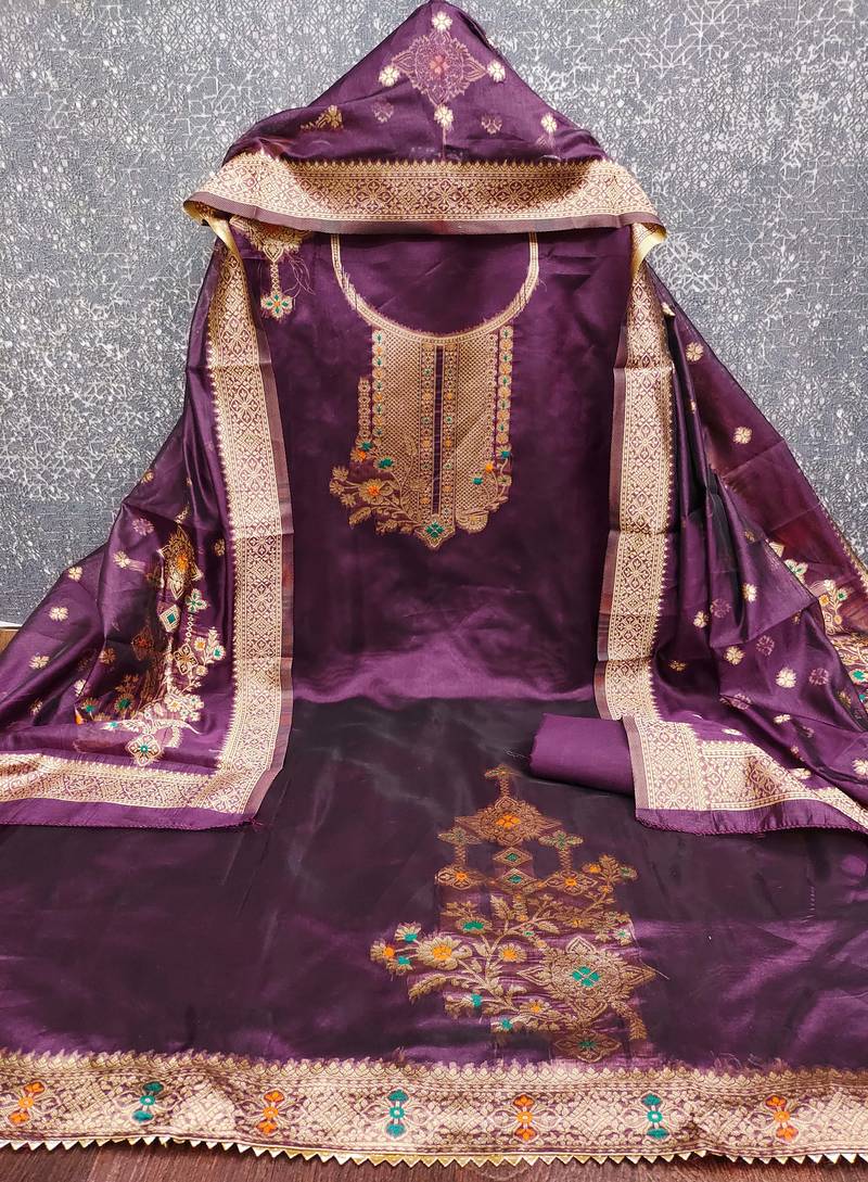 Women purple organja jacquard  dress material with dupatta