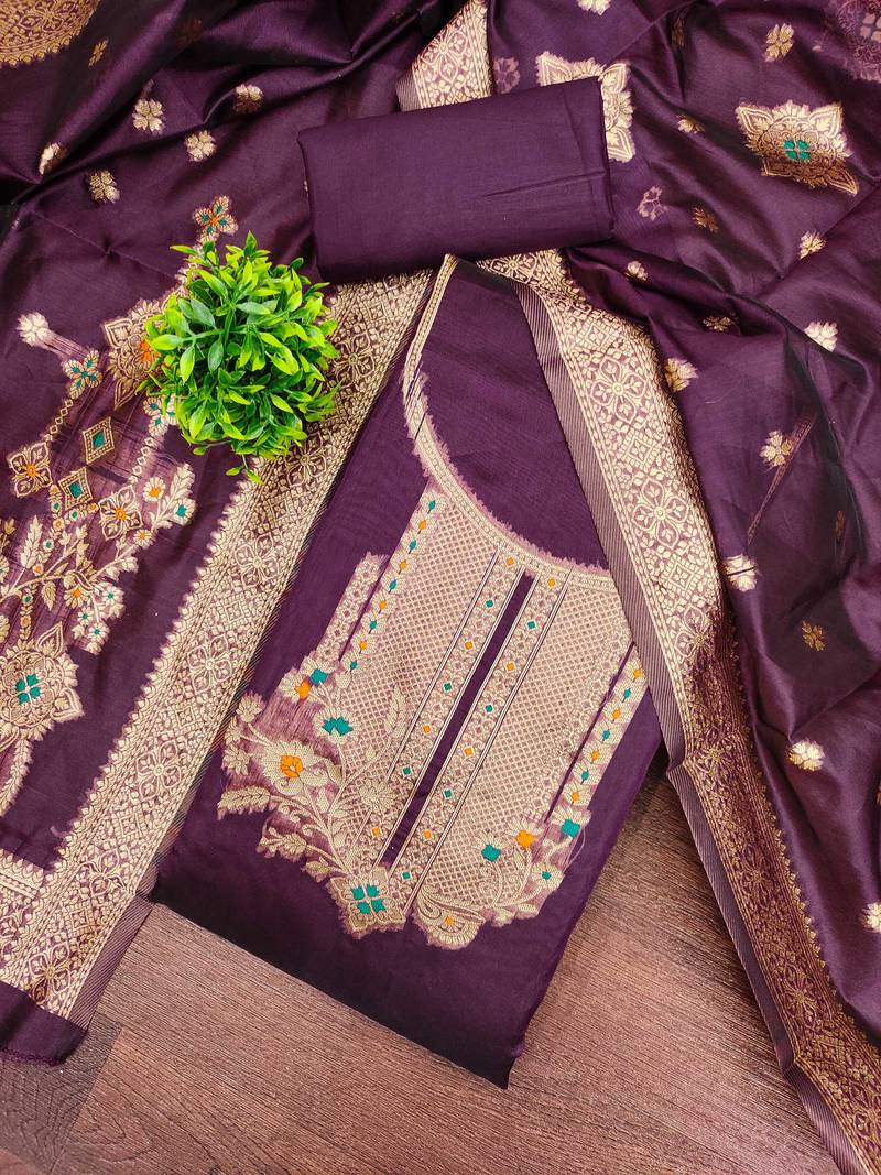 Women purple organja jacquard  dress material with dupatta