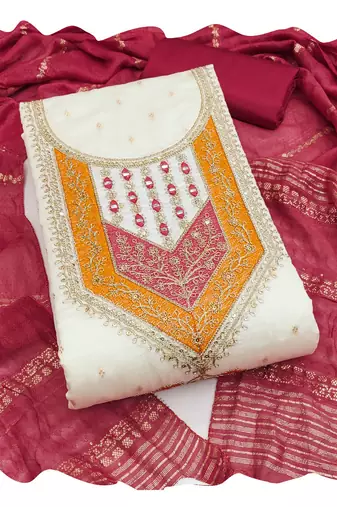 Women white modal butti jacquard  dress material with dupatta