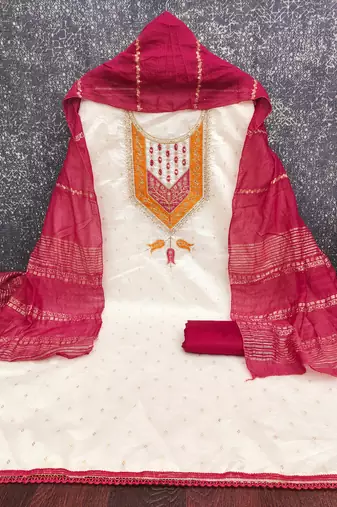 Women white modal butti jacquard dress material with dupatta