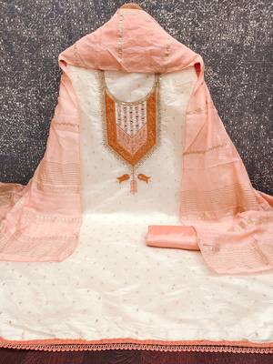 Women white modal butti jacquard dress material with dupatta 3