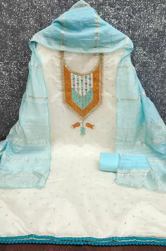Women white modal butti jacquard dress material with dupatta