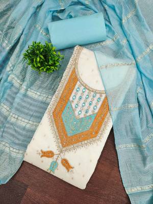 Women white modal butti jacquard dress material with dupatta 4