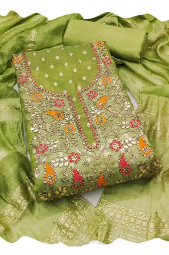 Women green simmer jacquard  dress material with dupatta