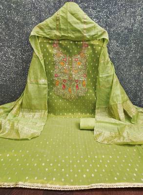Women green simmer jacquard dress material with dupatta 3