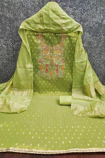 Women green simmer jacquard dress material with dupatta