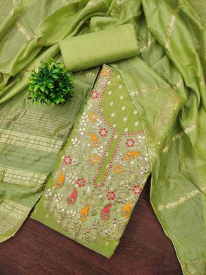 Women green simmer jacquard dress material with dupatta 4