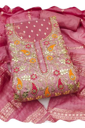 Women pink simmer jacquard  dress material with dupatta