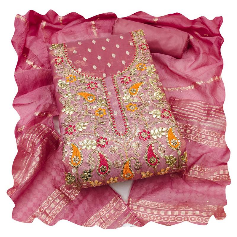 Women pink simmer jacquard  dress material with dupatta