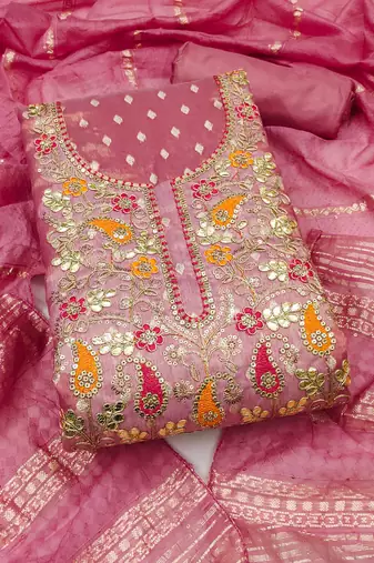 Women pink simmer jacquard dress material with dupatta