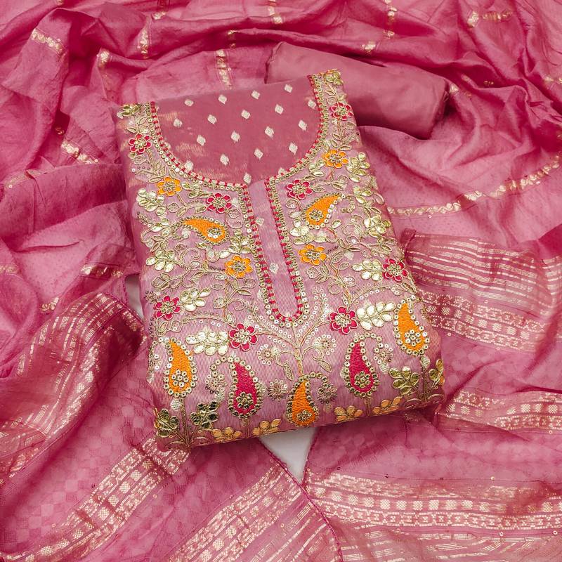 Women pink simmer jacquard  dress material with dupatta
