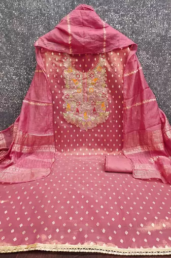 Women pink simmer jacquard dress material with dupatta