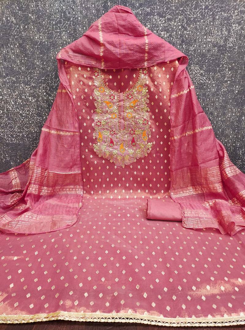 Women pink simmer jacquard  dress material with dupatta