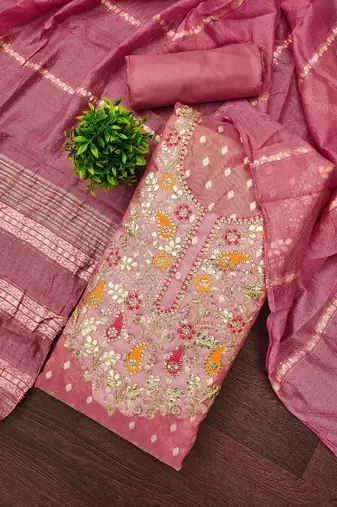 Women pink simmer jacquard dress material with dupatta