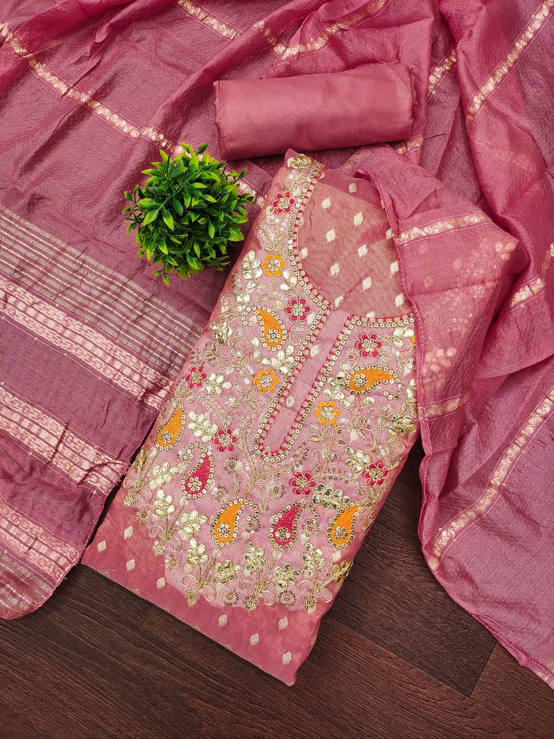 Women pink simmer jacquard  dress material with dupatta