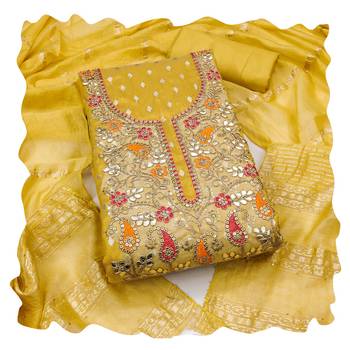 Women yellow simmer jacquard dress material with dupatta 1