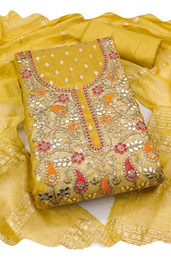 Women yellow simmer jacquard  dress material with dupatta