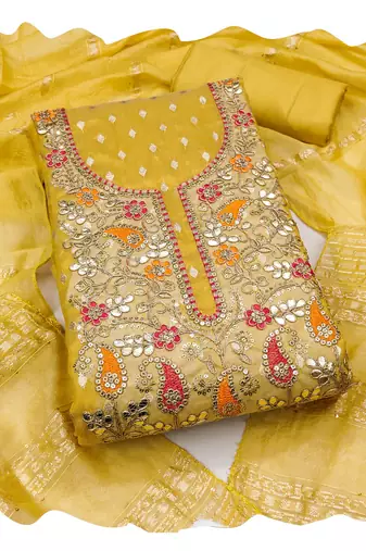 Women yellow simmer jacquard  dress material with dupatta