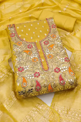 Women yellow simmer jacquard dress material with dupatta