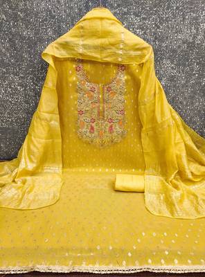 Women yellow simmer jacquard dress material with dupatta 3