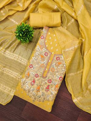 Women yellow simmer jacquard dress material with dupatta 4