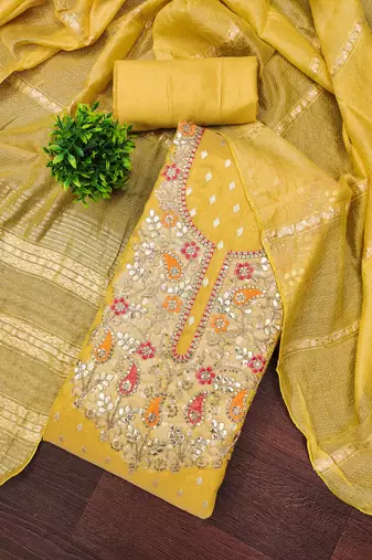 Women yellow simmer jacquard dress material with dupatta