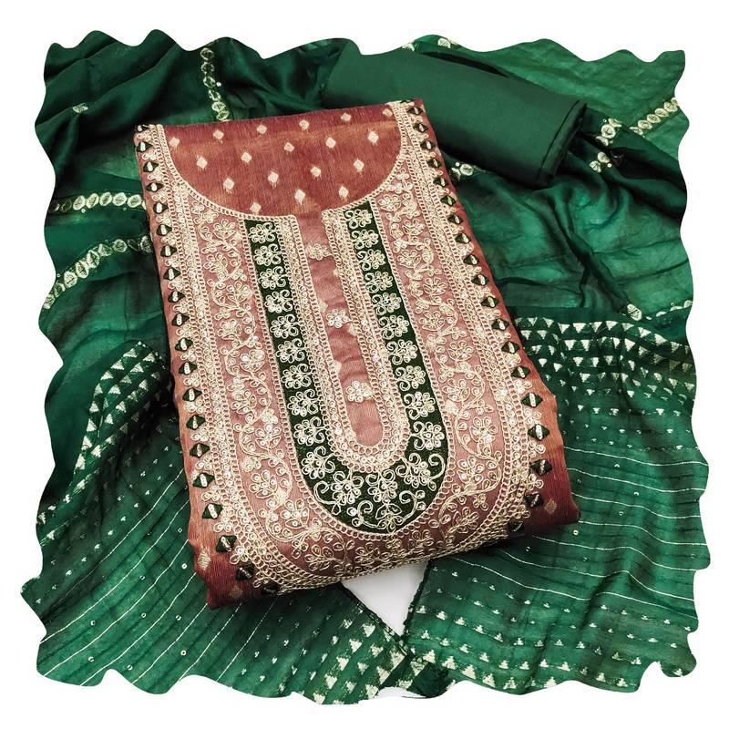 Women brown simmer jacquard  dress material with dupatta