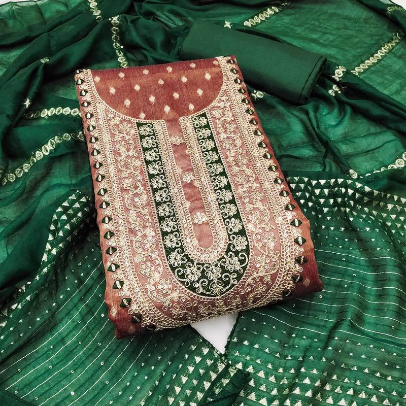 Women brown simmer jacquard  dress material with dupatta