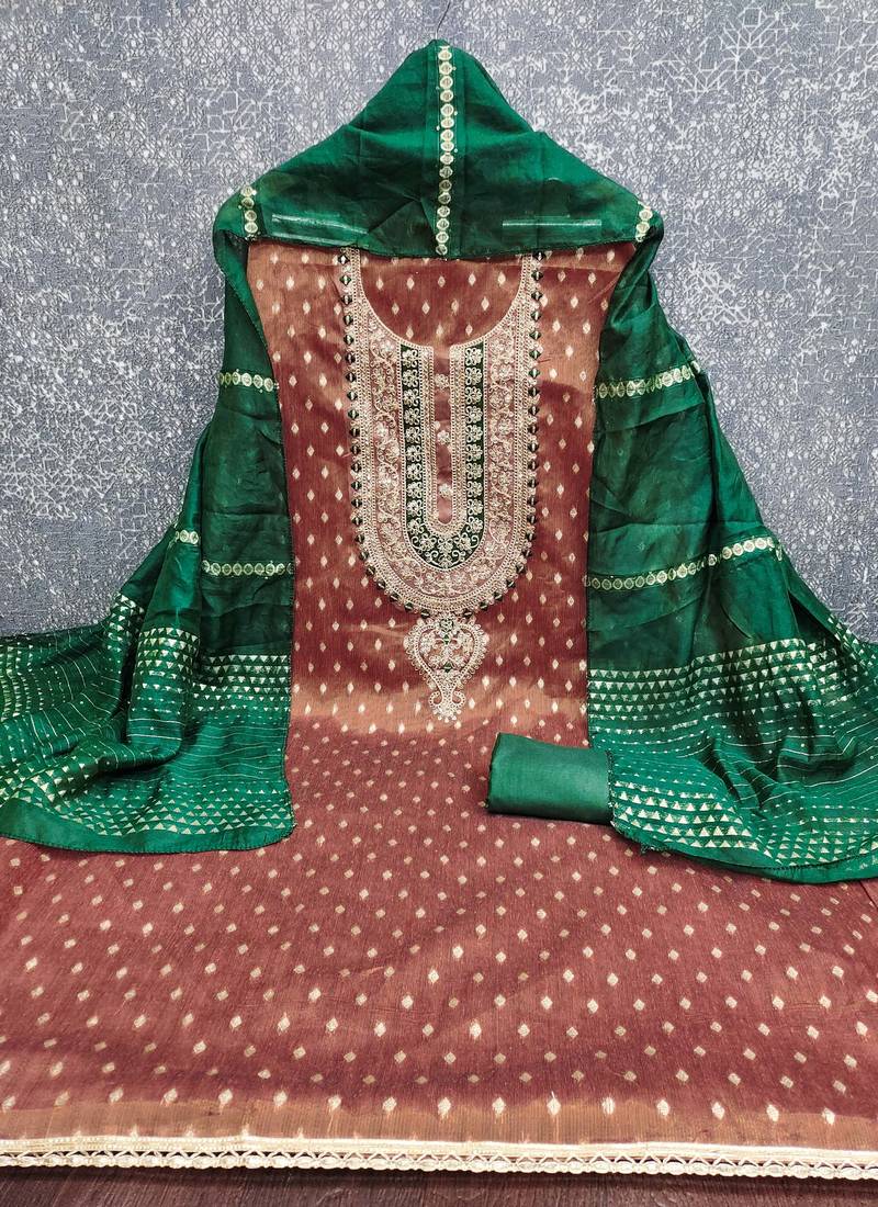 Women brown simmer jacquard  dress material with dupatta
