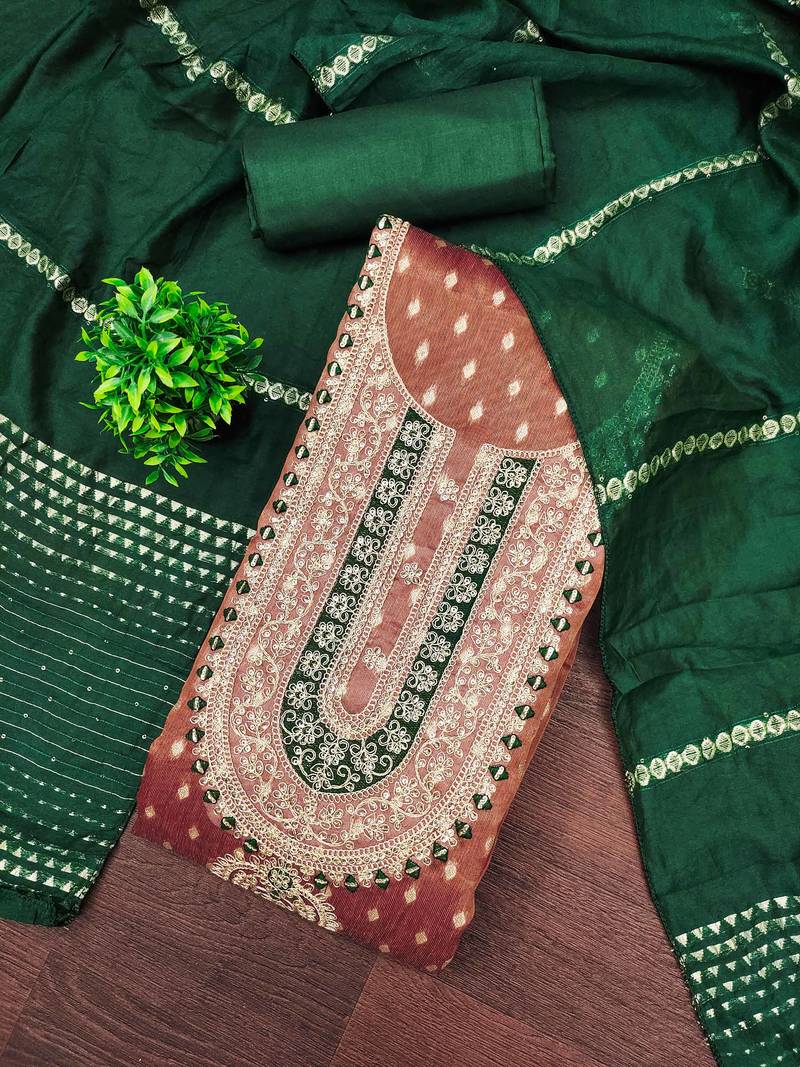 Women brown simmer jacquard  dress material with dupatta