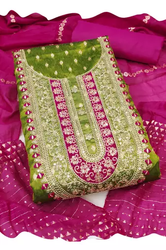 Women green simmer jacquard  dress material with dupatta