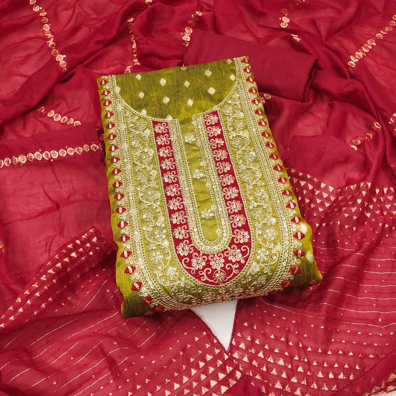 Women light green simmer jacquard  dress material with dupatta