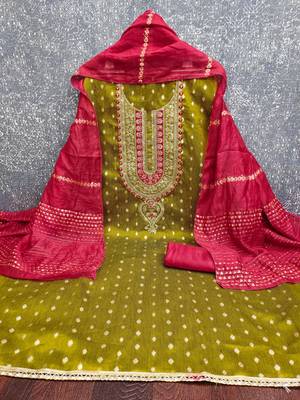 Women light green simmer jacquard dress material with dupatta 3