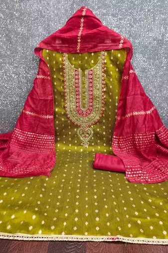 Women light green simmer jacquard dress material with dupatta