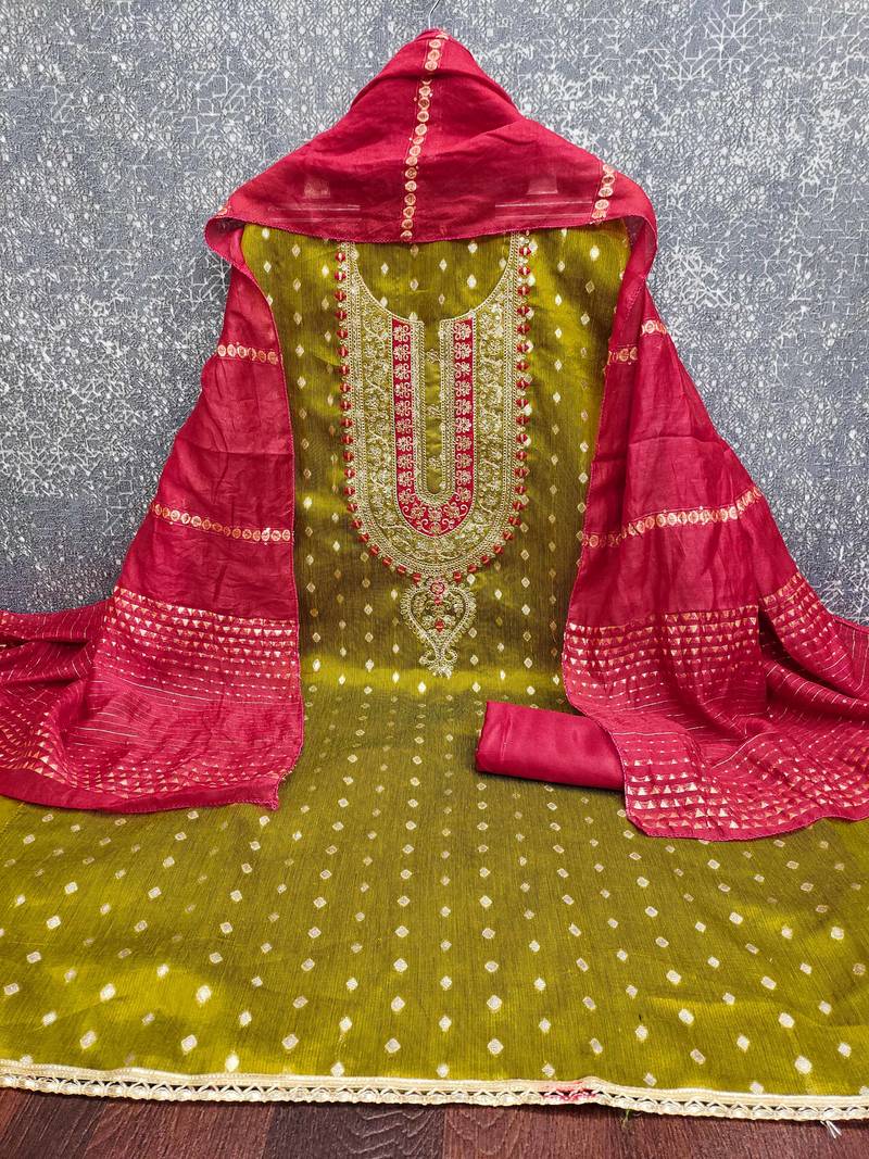 Women light green simmer jacquard  dress material with dupatta
