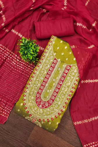 Women light green simmer jacquard dress material with dupatta