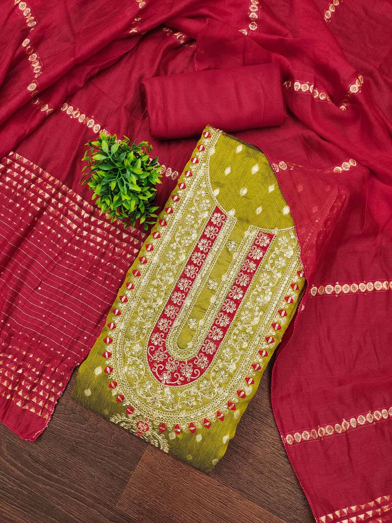 Women light green simmer jacquard  dress material with dupatta