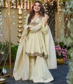 Off white cosmos thread mirror work stitched top with plazo set,fancy lace dupatta,women ethnic wear