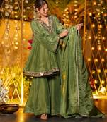 Mehendi cosmos thread mirror work stitched top with plazo set,fancy lace dupatta,women ethnic wear