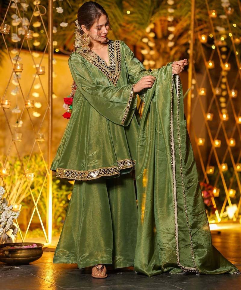 Mehendi cosmos thread mirror work stitched top with plazo set,fancy lace dupatta,women ethnic wear