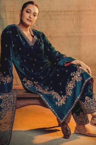 Rama velvet embroidered fully stitched designer top with velvet pant and vichitra embroidered dupatta