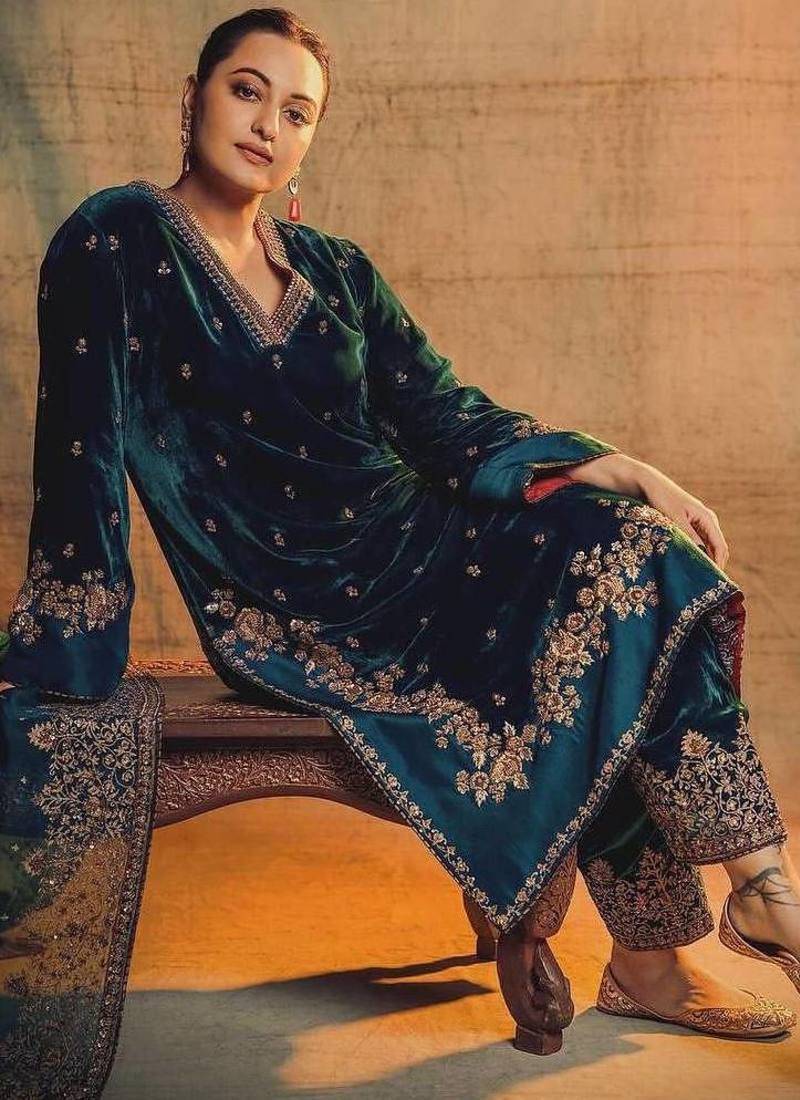 Rama velvet embroidered fully stitched designer top with velvet pant and vichitra embroidered dupatta