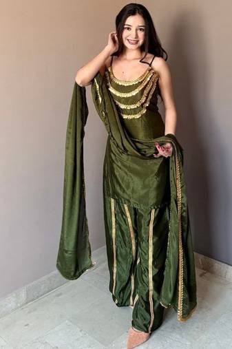 Green chinon embroidered fully stitched kurti with matching bottom and ethnic work dupatta,women designer suit set