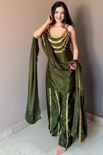 Green chinon embroidered fully stitched kurti with matching bottom and ethnic work dupatta,women designer suit set